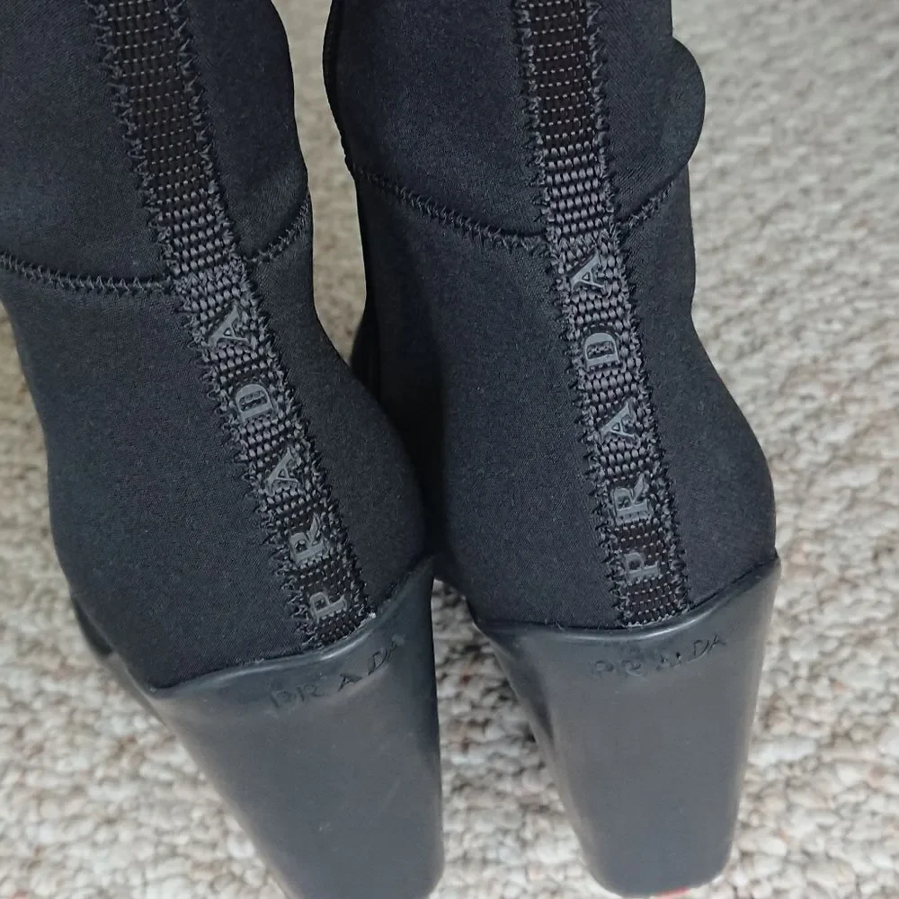 Prada black silk Radzmire fabric sporty knee high wedge boots size 6